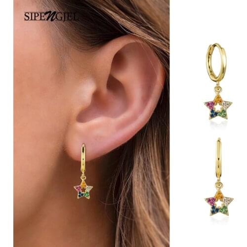 SIPENGJEL Fashion Small Hoop Earrings Minimalist Rainbow Zircon Geometric Star Drop Hoop Earrings For Women Jewelry