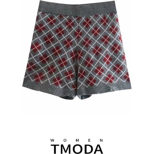 TMODA833 Women 2021 Chic Fashion With Argyle Knitted Shorts Vintage High Elastic Waist Female Short Pants Mujer
