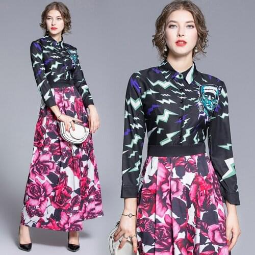 2019 Spring Summer Fall Runway Vintage Floral Print Collar Long Sleeve Patchwork Women Ladies Party Casual A-Line Maxi Dress