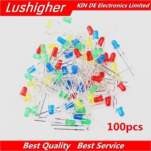 100PCS 3mm LED Diode Light Assorted Kit F3 White Yellow Red Green Blue Component DIY Kit 5Colors*20PCS