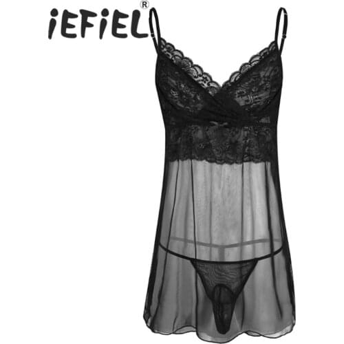 IEFiEL 2Pcs Gay Mens Lingerie Sheer See-through Mesh Adjustable Spaghetti Mini Dress with G-string Sissy Jockstraps Nightwear