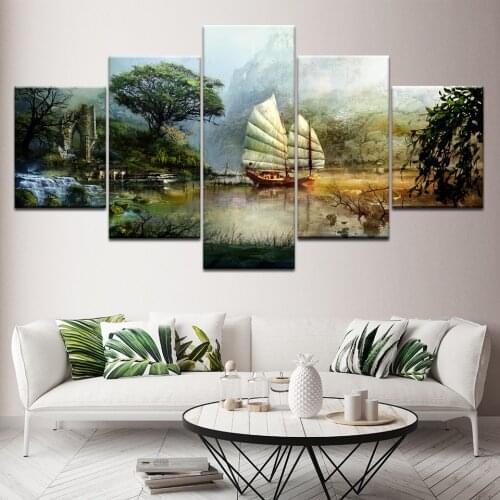 5 Panel Canvas Print Modular Art Landscape Sailboat Oil Painting Pictures on the Wall Modern Art Painting Decor Artwork