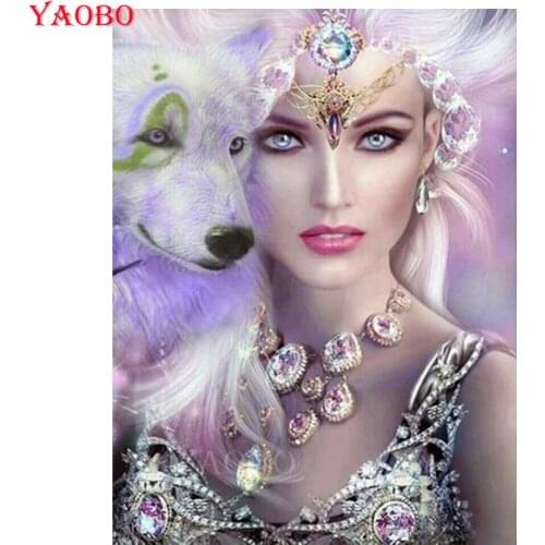 Yao Bo Diy Diamond Painting Fantasy art wolf and fairy girl Full Square/Round Diamond Embroidery Cross Stitch Kits Home Decor