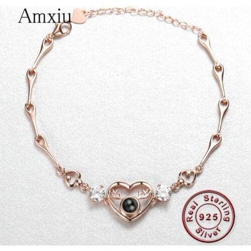 Amxiu 925 Sterling Silver Deer Bracelet 100 languages I love you projection Bracelet Heart Bracelets for Women Christmas Gift