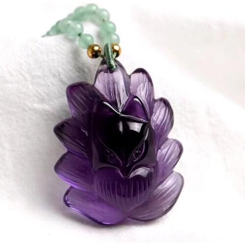 Fine Purple Natural Crystal Pendants Carved Nine Tails Fox Pendant Sweater Chain Feng Shui Necklace Luck for Women Gift Jewelry
