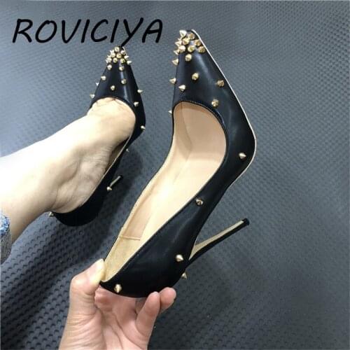Black Rivets Pumps Women Shoes Classics 12cm High Heel Shoes Pointed Toe Fashion Women Party Wedding Shoes Sexy MD030 ROVICIYA