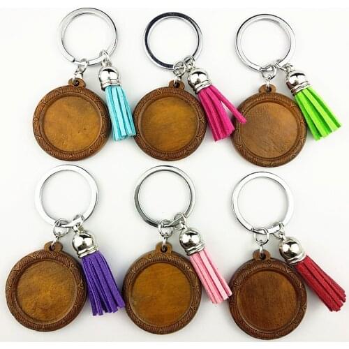 Jiangzimei 24pcs log color, brown 18X25MM 25mm Wood Cabochon Stainless Steel Keychain Blank Wooden pendant with tassels Keyring