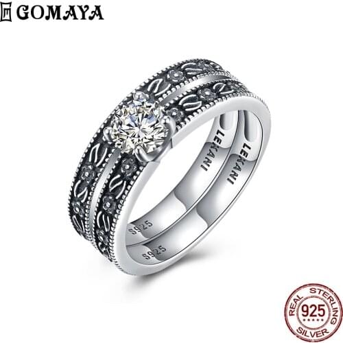 GOAMYA 925 Silver Sterling Double Layer Cubic Zirconia Rings For Women Mysterious Pattern Couple Models Female Ring Fine Jewelry