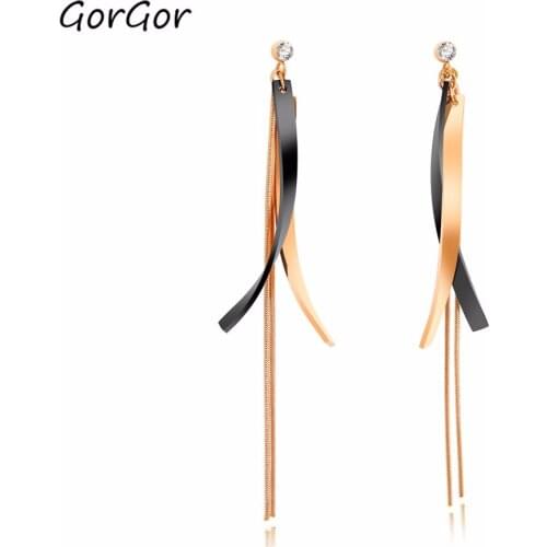 GorGor Korean Style Long Tassel Creative Titanium Steel Rose-plated Gold Rhinestone Exaggerated Women Earrings 467