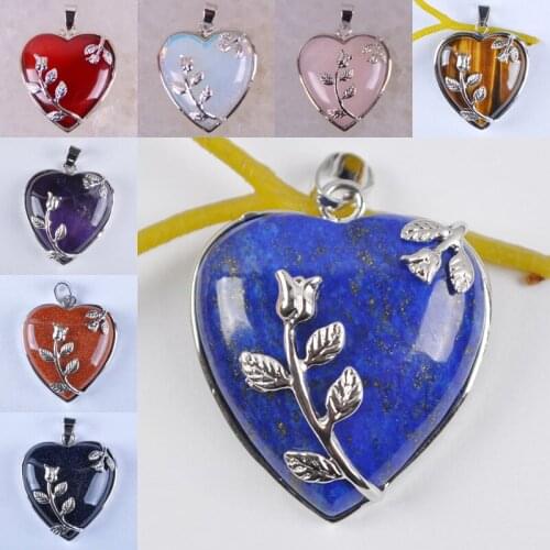 Lapis/Tigereye/Sandstone/Purple Crystal/Carnelian/Rose Crystal/Opal Bead Pendant Heart Jewelry For Woman Gift S566-SS574