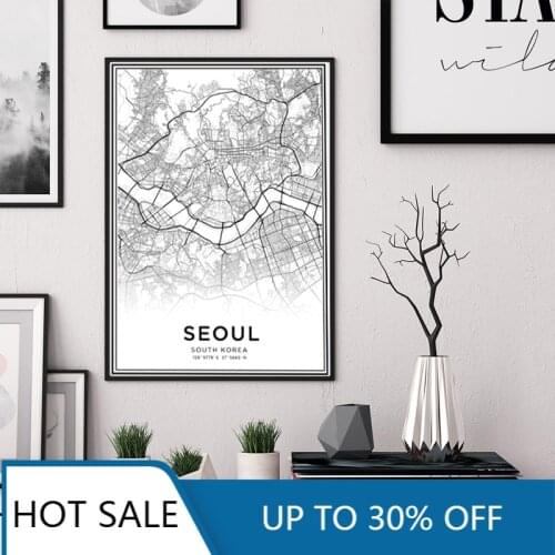 Latitude Longitude Seoul City Map South Korea Travel Wall Art Canvas Painting Poster Print Black and White Wall Decor Home Decor