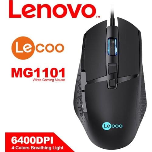 Lenovo LECOO MG1101 Gaming Mouse with 4-Colors Logo Breathing Light 6400DPI Skin-Like Surface for Windows 7 8 10 XP