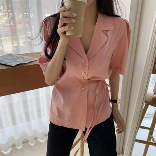 Summer Blouse Niche Design Sense Suit Lapel Tie Waist Short-sleeved Shirt