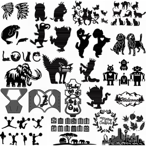 Metal Cutting Dies Fey Animals Monster Dogs Cat Robot Cheerleaders Baby Suit Snow Mountain Wreath High-rise Building Gift Box