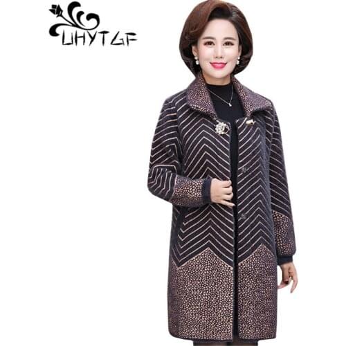 UHYTGF fashion mom autumn winter woolen jacket quality Imitation Mink Cashmere wool coat elegant stripe 4XL plus size coats 1002