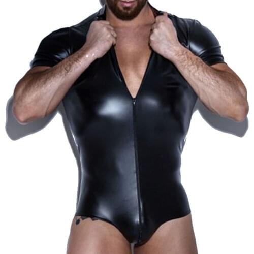Plus Size 4XL Men Faux Leather comfortable Man Sexy Fitness zipper Bodybuilding Sheer Bodysuit Gay Slim Underwear Shapewear