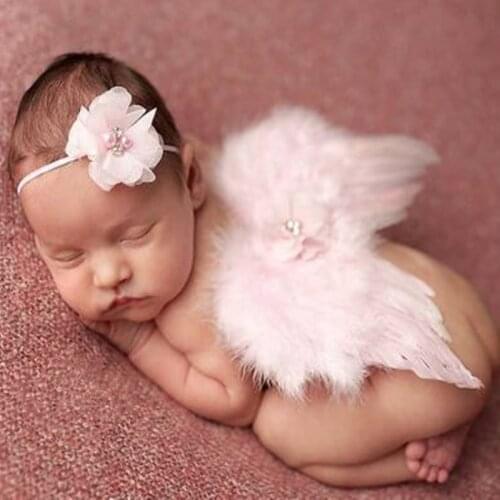 Newborn Baby Kids Feather Angel Wings & Lace Flower Headband Photo Props Baby Shower Decoration Birthday Party Photography Props
