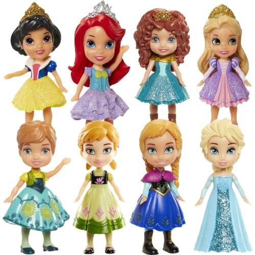 Original Disney 3 Inch Mini Princess Frozen Aisha Anna Snow White dolls for Girl Genuine brand birthday christmas Gift Toy
