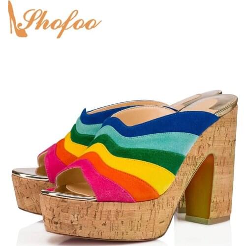 Muticolor Cork Platform High Chunky Heels Sandals Famous Brand Slip On Design Large Size 45 46 Woman Shoes Summer Fashion Mature