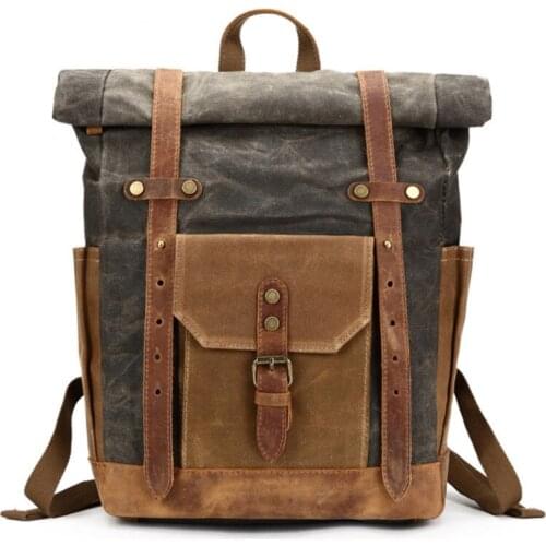 Vintage Oil Waxed Canvas Crazy Horse Leather Men Backpack Outdoor Travel Backpack Large Rucksack Men Laptop Knapsack School Bag