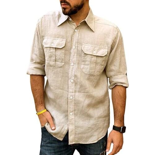 Sumemr Mens Solid Baggy Pockets Shirts Minimalist Vintage Pure Clor MalE Top Blouses Basic Casual Long Sleeve Chemisa Tops