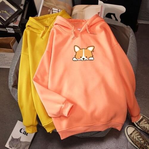 Cute Corgi Dog Print Japanese Harajuku Streetwear Hoodie Women Autumn Long Sleeve Woman Hoodies Sweatshirt Comfortable Pullover