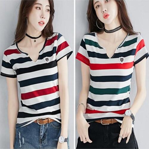 Women Cotton Linen Sleeve T-Shirts New 2020 Autumn Simple Style Vintage V-veck Striped Female Loose Casual Tops Tees006