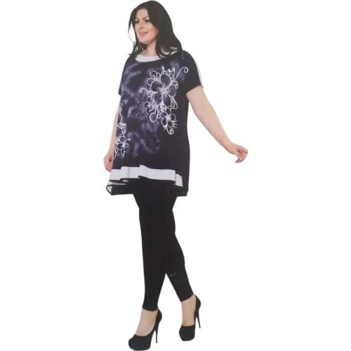 Womens Cubic Zirconia Navy Blue Flounces Flower Decorated White Stripe Short-Sleeve Large Size Tunic 11266-Ö-L