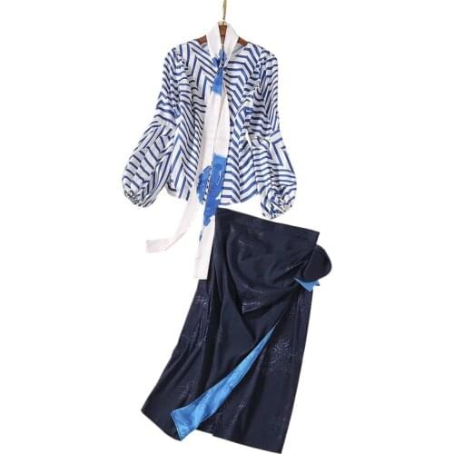 Spring Summer New Arrivals Women Clothing Set Lantern Sleeves Striped Blouses + Jacquard Rose Flower Blue Skirt
