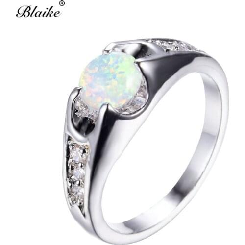 Blaike 6MM Round Stone Blue/White Fire Opal Rings For Women Silver Color Birthstone Ring 2018 New Fashion Jewelry