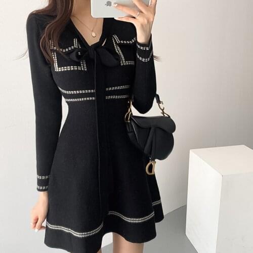 ALIEN KITTY 2020 Autumn Women Dresses Sweet Elegant Gentle Noble High Waist Slim Bow Tie All Match Female Office Lady Vestidos