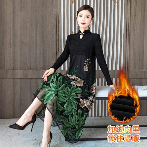 Fashion Stand Collar Sweater Knitted Dress Womens Autumn And Winter New Mesh Stitching Embroidery Retro Loose Qipao Dress y980