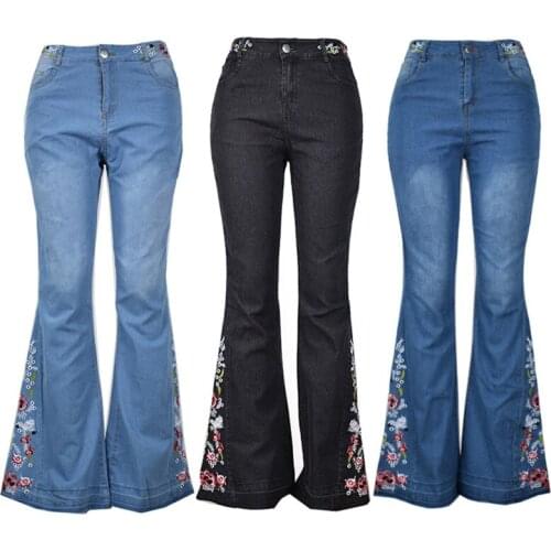 2021 Summer Womens Oversized Denim Pants Embroidered Boot Cut Flared Jeans Vintage Mom Jeans Plus Size Trousers XS-4XL