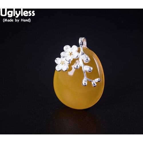 Uglyless 100% Real 925 Sterling Silver Plum Blossom Necklaces for Women Oval Chalcedony Pendants with Rope Chains Fine Jewelry