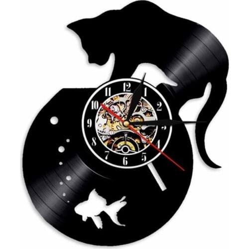 Adorable Cat and Fishbowl Funny Wall Art Wall Clock Cat On Fishbowl Vinyl Record Wall Clock Kitten Decorative Clock Kitty Gift