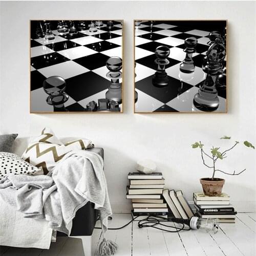 Black and White Lattice Crystal Chess Poster Wall Art Canvas Printed Chess Picture for Office Room Wall Decor Modern Home Decor