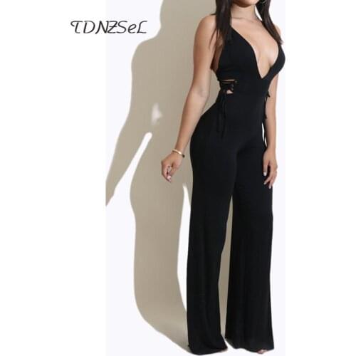 Black Sexy Deep V Spaghetti Strap Jumpsuit Backless Side Lace Up Hollow Out Sleeveless Long Rompers Women Plus Size Bodysuits