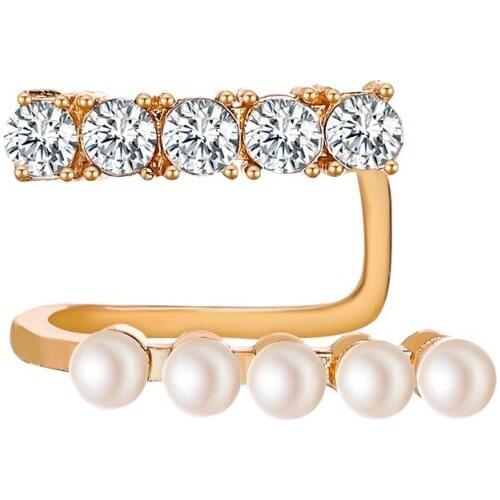 Two layer Simulated Pearl Beads Bling Starry Clear Crystal Clip Earrings For Women Golden White Alloy Clip-on Earrings