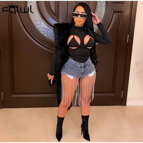 FQLWL Sexy Club Hollow Out Bodysuit Women Jumpsuit Romper Long Sleeve One Piece Outfit Ladies Black Bodycon Bodysuit Female 2021