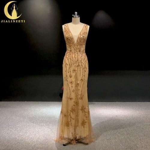 JIALINZEYI Gold Beads Crystal lace V Neck Mermaid Floor Length robe de soirée de mariage Fromal dress Evening Dresses