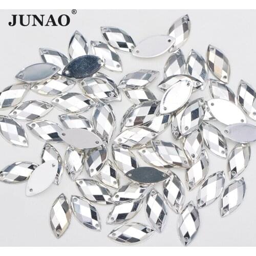 JUNAO 7x15mm Glitter Silver Sewing Crystal Rhinestone Horse Eye Crystal Stones Appliques Flatback Sew On Strass for Needlework