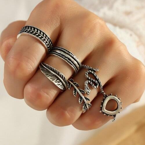Boho Leaves Branches Rings for Women Retro Finger Anillos Men Silver Color Feather Snake Drop Ring Set Bohemia Jewelry Wholesale