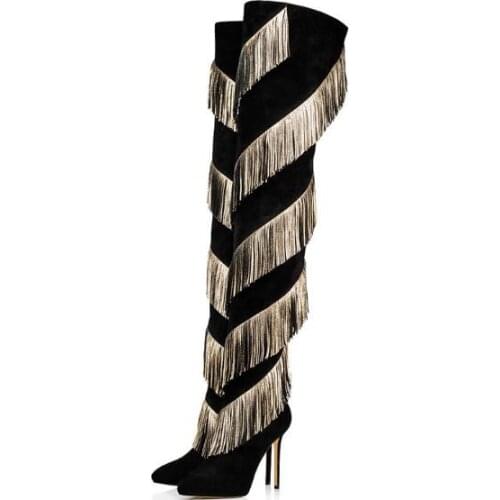 Linamong Fashion Gold Tassel Women Long Boots New Black Suede Stiletto Heel Fringe Thigh High Boots Lady Large Size Knee Boots