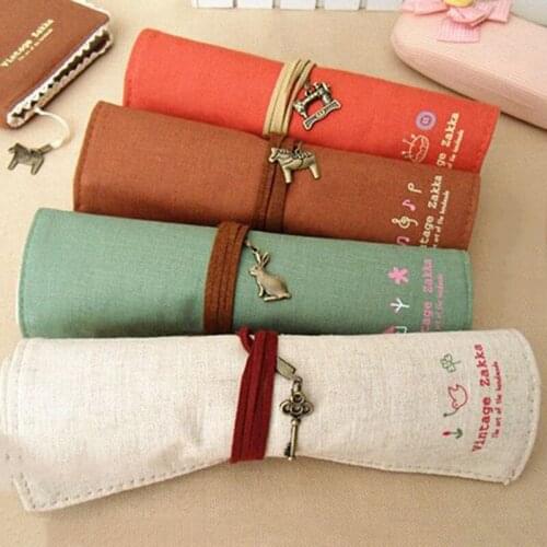 Cute Kawaii Canvas Fabric Rolls Pencil Case Solid Pen Bag with Pendant for Kids Children School Supplies 1pcs School Bag