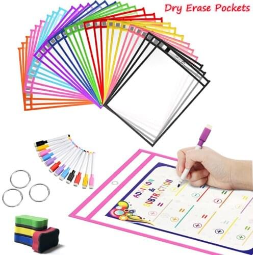Reusable PP File Dry Erase Pockets With Pen Transparent Write And Wipe Drawing Whiteboard Markers Used for Teaching Supplies