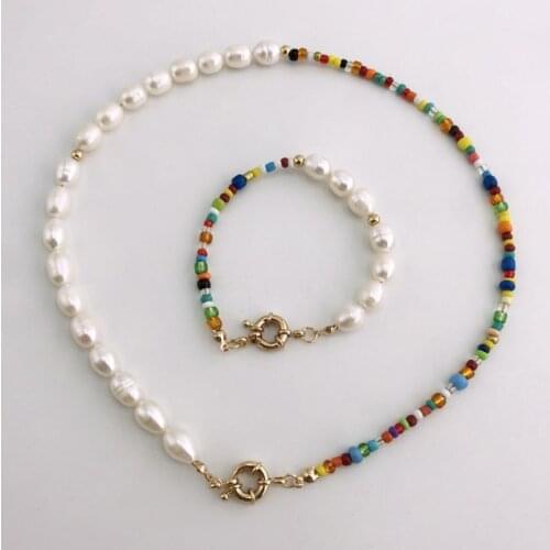 2020 Fashion Real Pearl Jewelry Set Bohemian Multi-Color Glass Beads Freshwater Pearl Necklace and Bracelet for Women Party