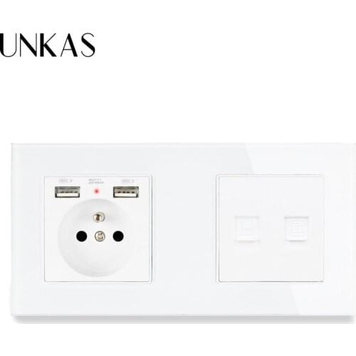 UNKAS Glass Panel French Standard Wall Socket With Dual USB Port + RJ45 Internet Computer Connector RJ11 Telephone Jack Outlet