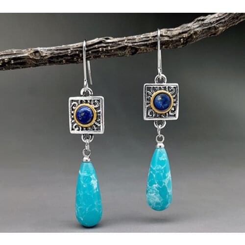 2021 New Boho Blue Teardrop Stone Earrings for Women Tribal Square Carved Metal Navy Beads Hook Dangle Earring Elegant Jewelry