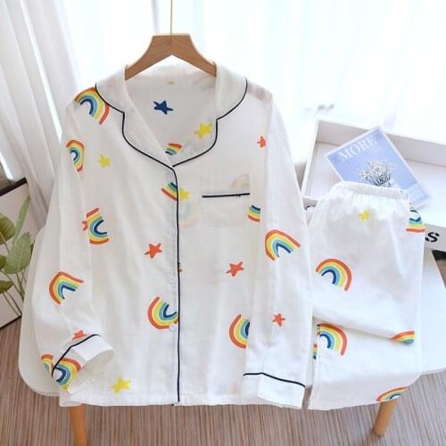 Spring/Autumn New Women Pajamas Set Pure Cotton Gauze Simple Fashion Long Sleeve Trousers Ladies Sleepwear Loose Comfy Homewear