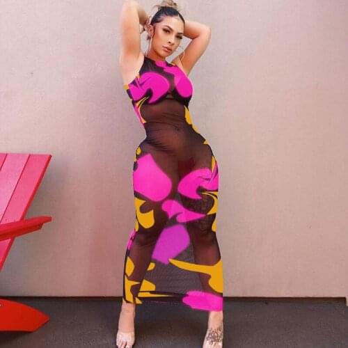 Mesh Sheer Print Bodycon Maxi Dresses Birthday Clothes for Women Summer Sleeveless Outfits Sexy Night Club Party Dress